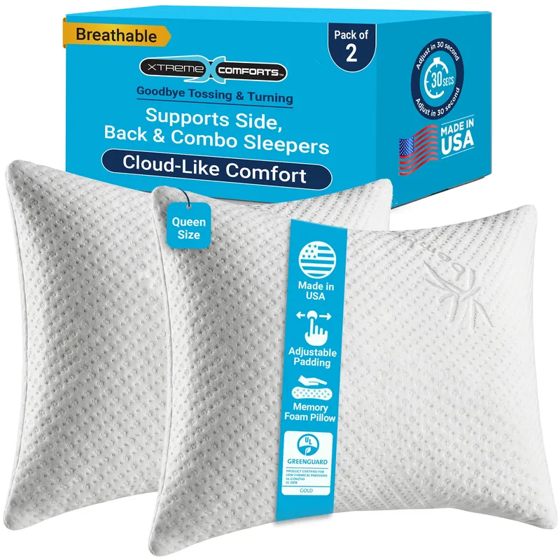 Xtreme Comforts Memory Foam Pillows |GREENGUARD Certified Adjustable Shredded Foam Fill for Personalized Support | Bed Pillows for Side, Back & Stomach Sleepers |Removable Cover |2 Queen Size Pillows — image 1