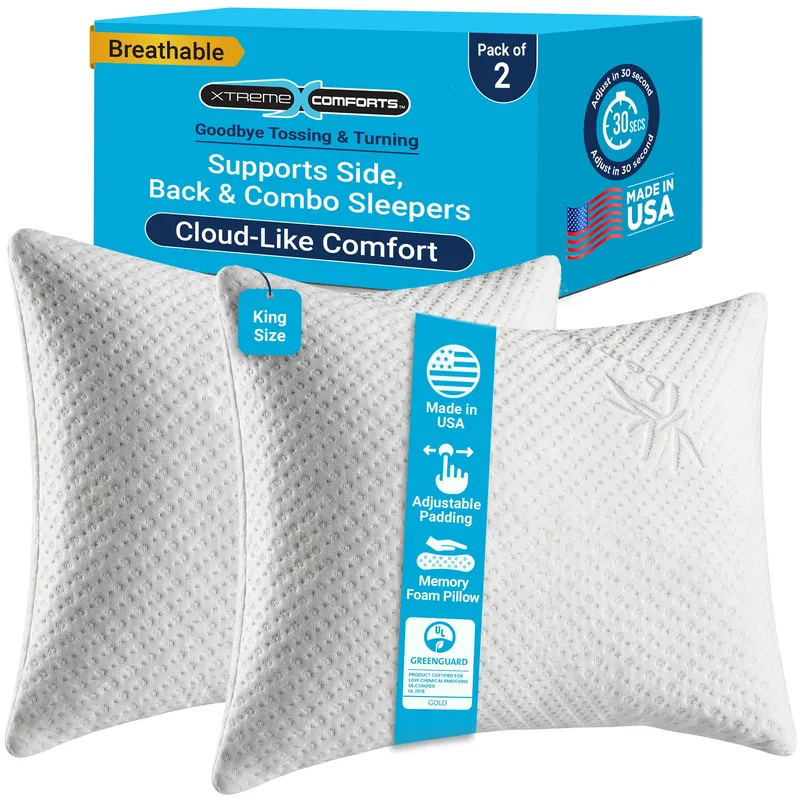 Xtreme Comforts Memory Foam Pillows |GREENGUARD Certified Adjustable Shredded Foam Fill for Personalized Support |King Bed Pillows for Side,Back & Stomach Sleepers |Removable Cover |Pillows King Size — image 1