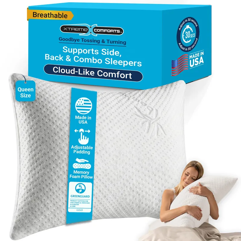 Xtreme Comforts Memory Foam Pillows | GREENGUARD Certified Adjustable Shredded Foam Fill for Personalized Support | Bed Pillows for Side, Back & Stomach Sleepers | Removable Cover | Queen Size Pillows — image 1