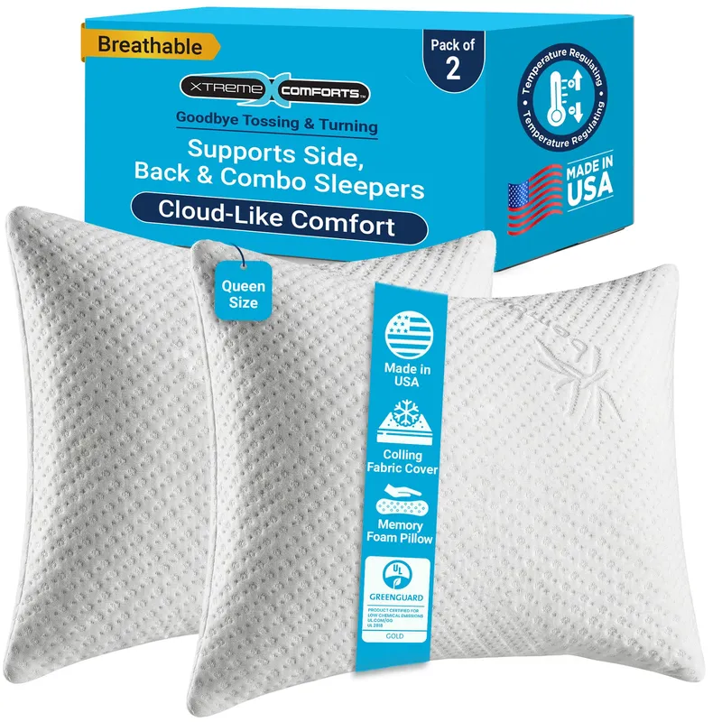 Xtreme Comforts Memory Foam Pillows | GREENGUARD Certified Shredded Foam Fill for Personalized Support | Slim Cooling Bed Pillows for Side, Back & Stomach Sleepers | 2 Queen Size Pillows — image 1