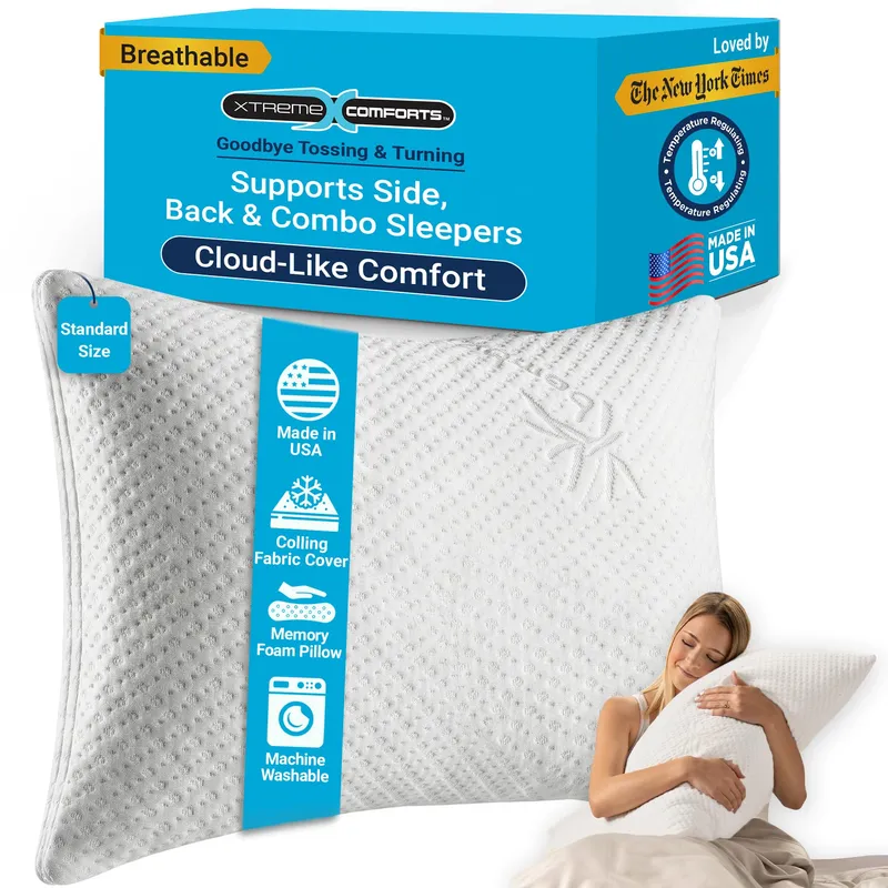 Memory Foam Pillows Made in The USA - Standard Size, Slim Cooling Pillow for Sleeping on Side, Back & Stomach - Firm and Soft Bed Pillows — image 1