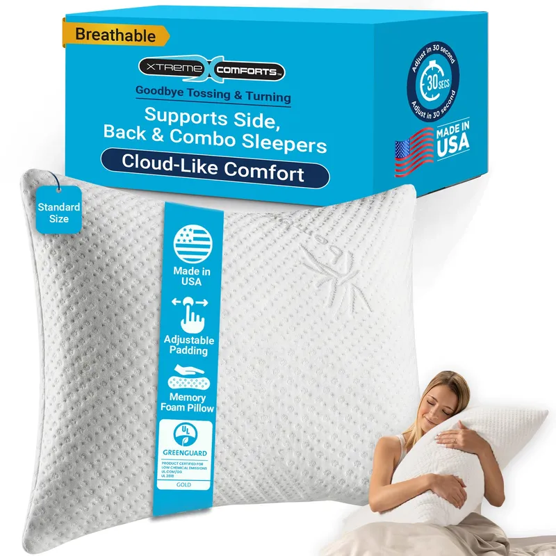 Xtreme Comforts Memory Foam Pillows | GREENGUARD Certified Adjustable Shredded Foam Fill for Personalized Support | Bed Pillows for Side, Back & Stomach Sleepers | Removable Cover | Standard Size — image 1